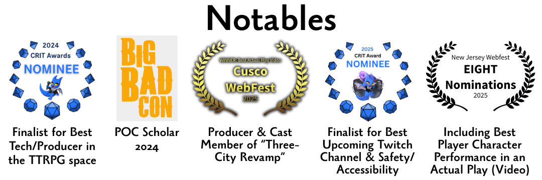 Notables. Logos of laurels and descriptions of various awards and nominations